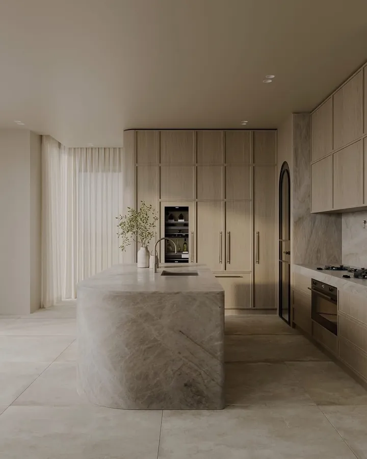 A finished ABCD Joinery kitchen with a stone island