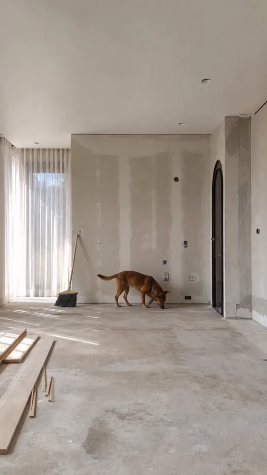 ABCD Joinery reel frame: a kelpie in a kitchen mid-renovation